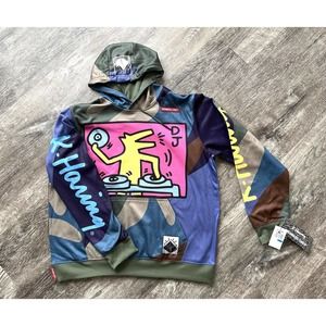 Keith Haring X Members Graffiti Art Sketch Graphic Hoodie DJ Camo Colorful sz L